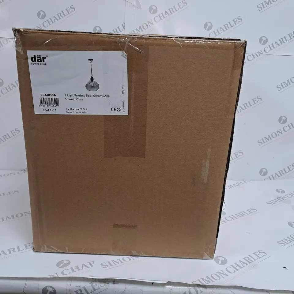 BOXED DAR LIGHTING GROUP 1 LIGHT PENDANT IN BLACK CHROME AND SMOKED GLASS