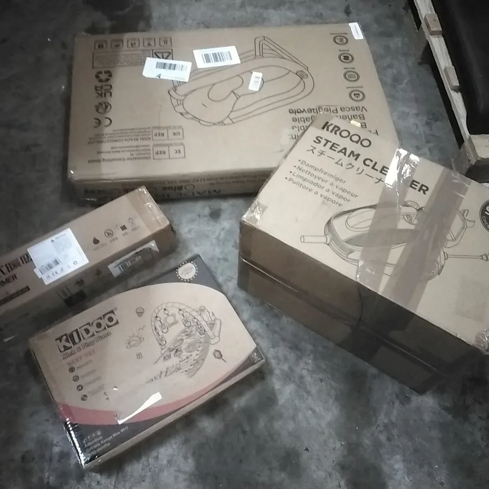 PALLET OF HOUSEHOLD ITEMS TO INCLUDE CAR SEAT, FOOT WARMER, KIDS KICK AND PLAY PIANO, STEAM CLEANER AND OTHER ASSORTED ITEMS...