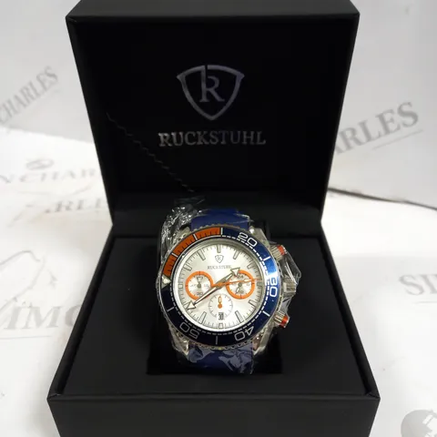 MENβS RUCKSTUHL CHRONOGRAPH R400 WATCH β SILVER COLOUR CASE β SILVER DIAL β 3ATM WATER RESISTANT β BLUE RUBBER STRAP