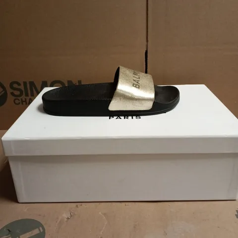 BALMAIN PARIS SLIDE SANDALS – GOLD METALLIC STRAP, BLACK SOLE (WOMEN’S) SIZE EU 32
