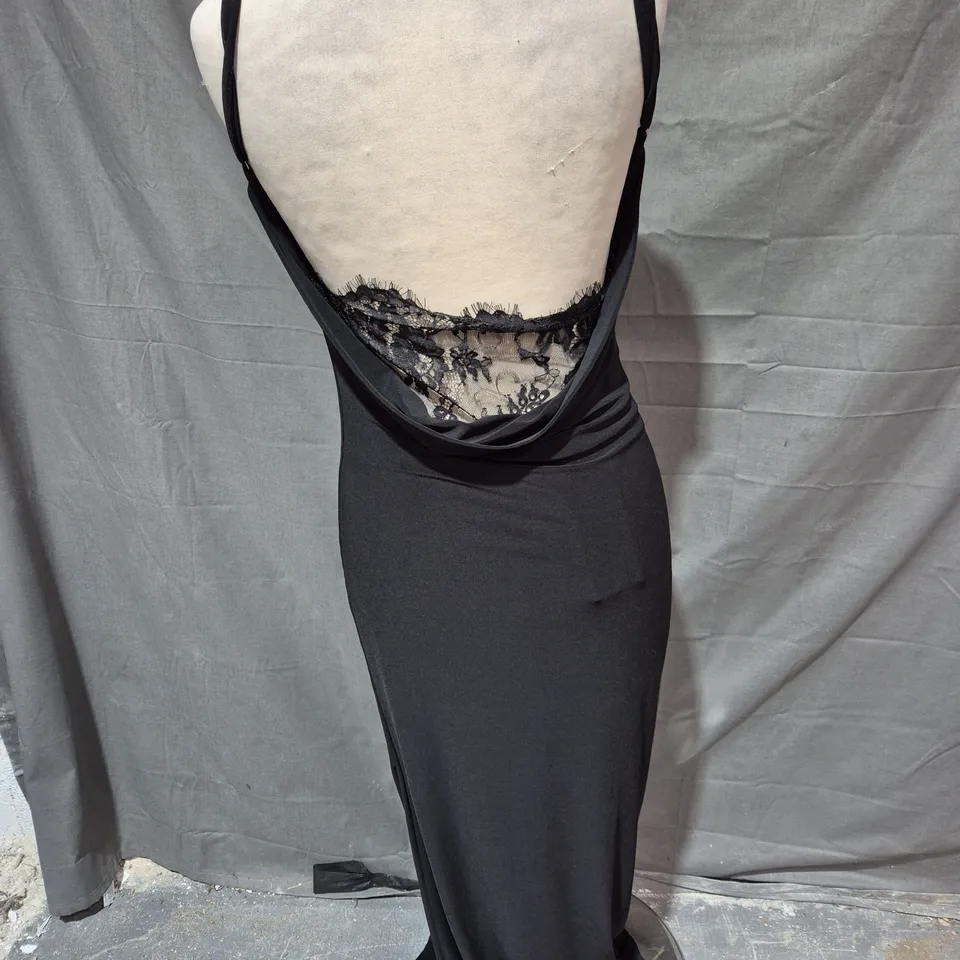 CLUB LONDON FRANCOISE COWL NECK BACKLESS MAXI DRESS WITH LACE INSERT IN BLACK SIZE 10