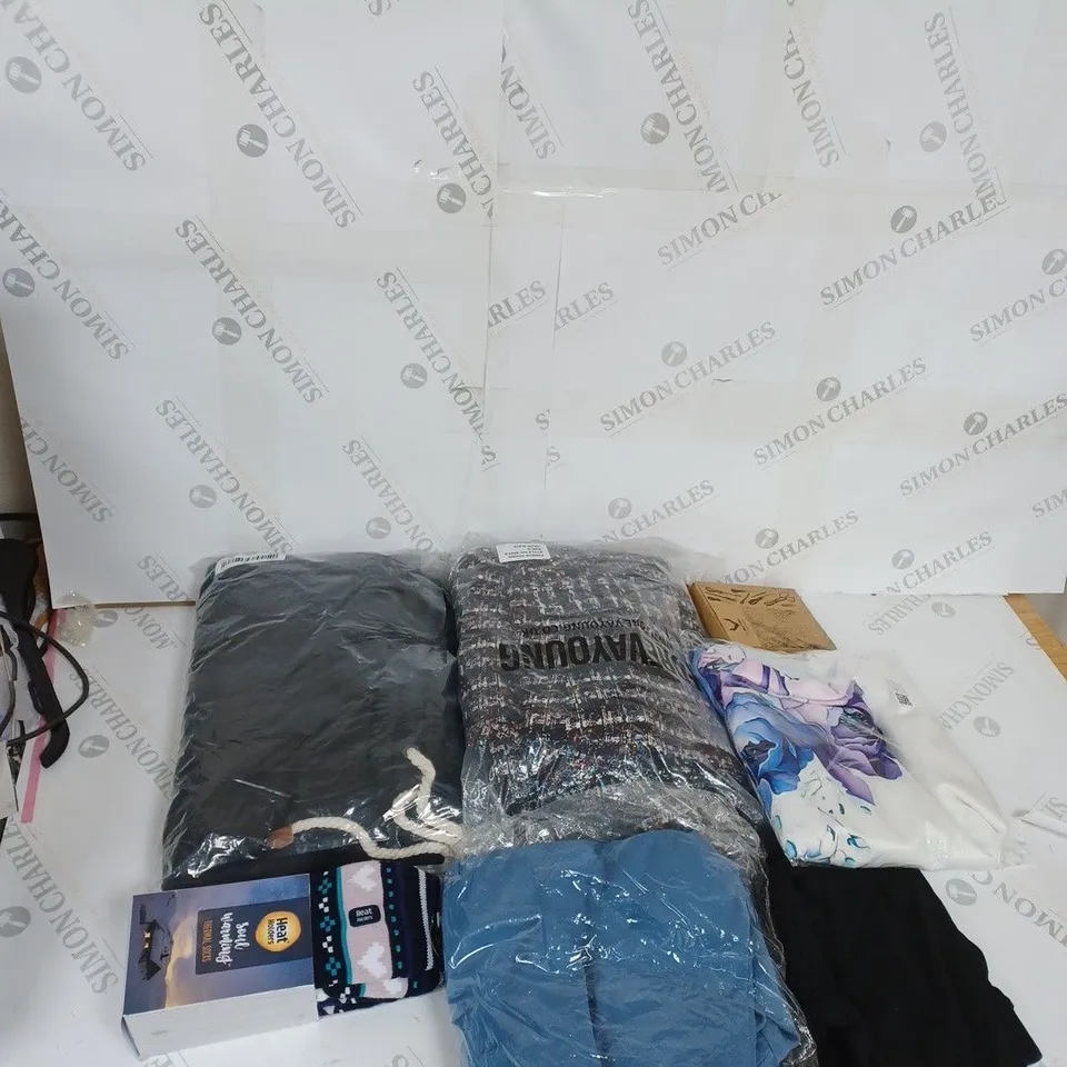 LARGE BOX OF ASSORTED CLOTHING ITEMS IN VARIOUS COLOURS AND SIZES INCLUDING TROUSERS , TOPS AND JUMPERS 
