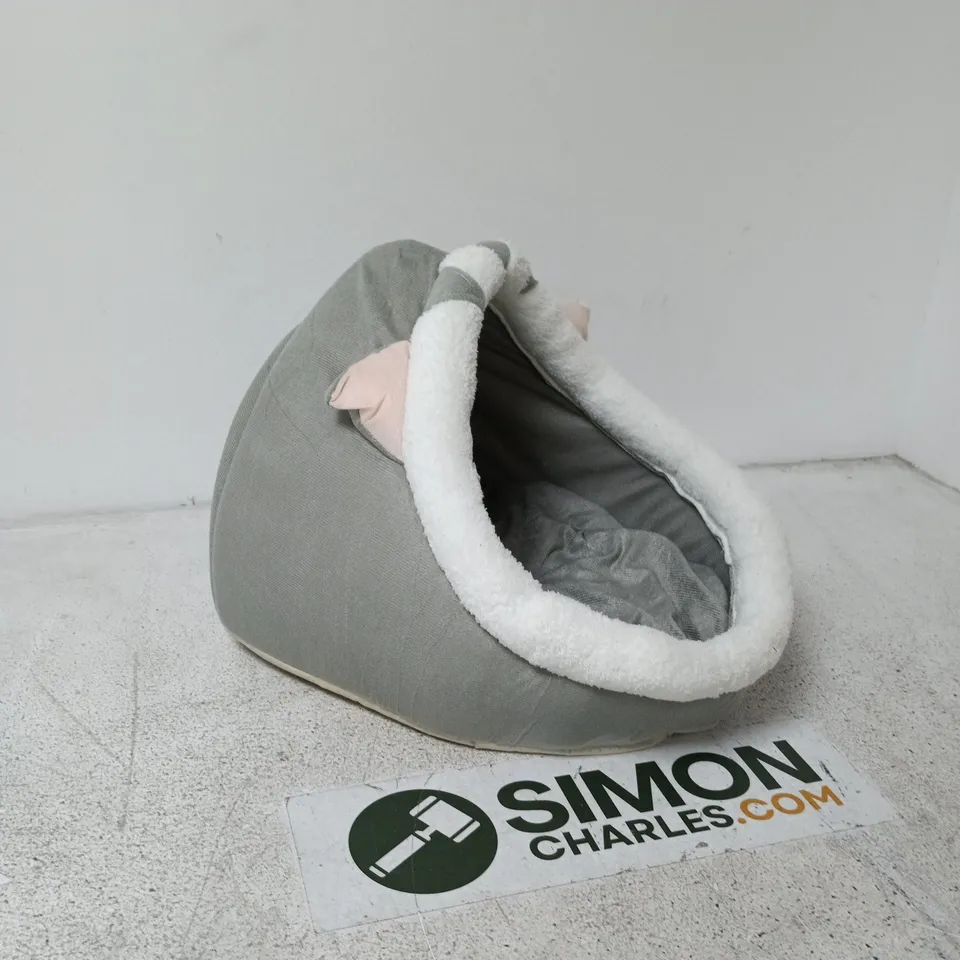 GREY COCOON-STYLE PET BED WITH WHITE FAUX-FUR TRIM