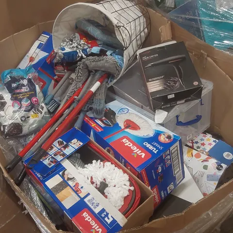 PALLET CONTAINING A VERY LARGE QUANTITY OF ASSORTED CONSUMER PRODUCTS INCLUDING: VILEDA MOP AND BRUSH SETS, IONIC HAIR DRYER, MINKY IRONING BOARD COVER ECT