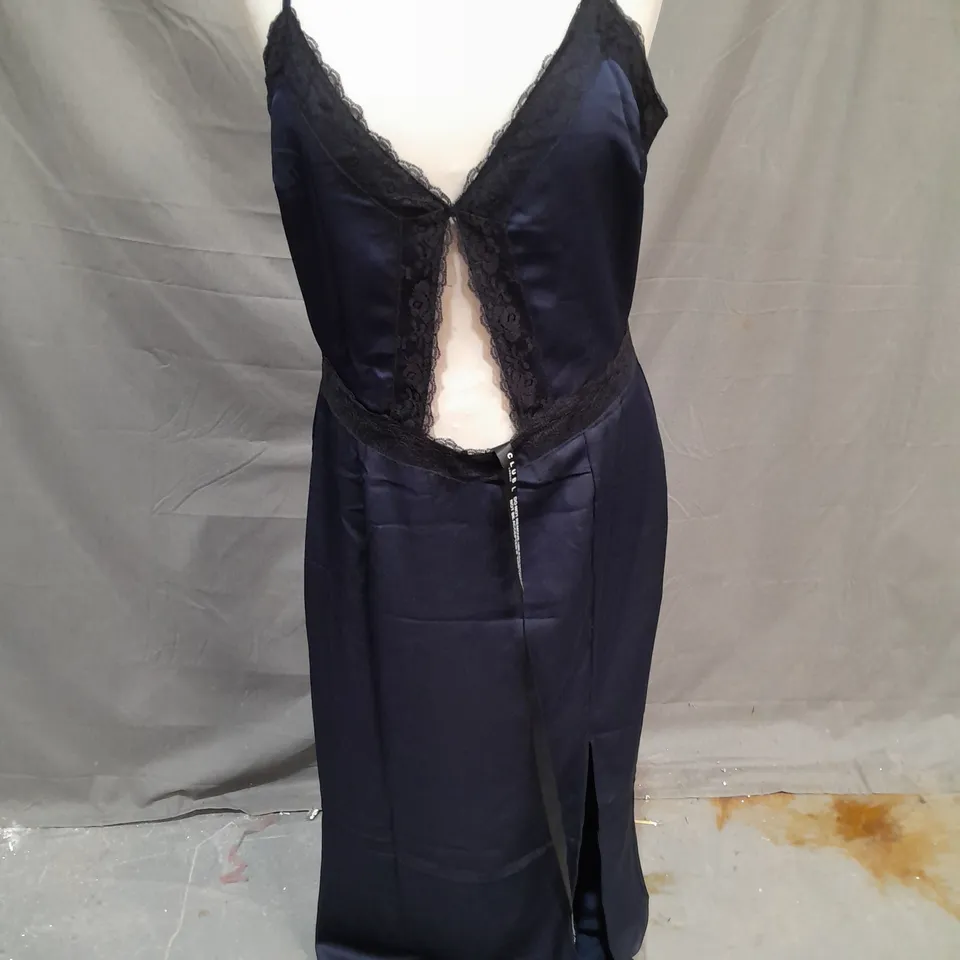 CLUB LONDON BRESCIA SATIN CUT OUT MAXI DRESS WITH LACE TRIM IN NAVY SIZE 12