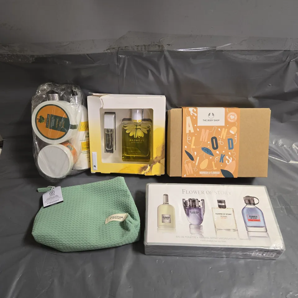 APPROXIMATELY 5 ASSORTED COSMETIC ITEMS TO INCLUDE - L'OCCITANE BATH TRIO - THE BODY SHOP ALMOND MILK GIFT BOX - NEXT FLOWERS EAU DE PARFUM - ETC