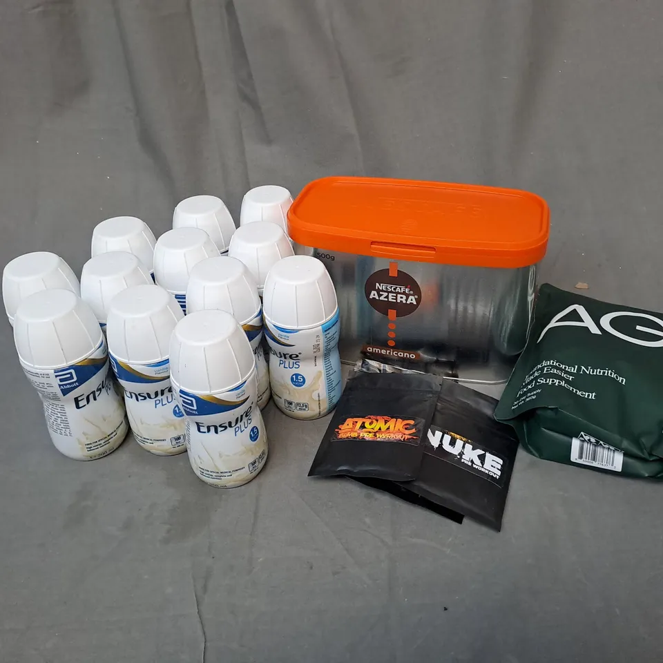APPROXIMATELY 18 ASSORTED FOOD AND DRINK PRODUCTS TO INCLUDE ENSURE PLUS, AG1 FOOD SUPPLEMENT. NESCAFE AZERA AMERICANO INSTANT COFFEE WITH GROUND BEANS