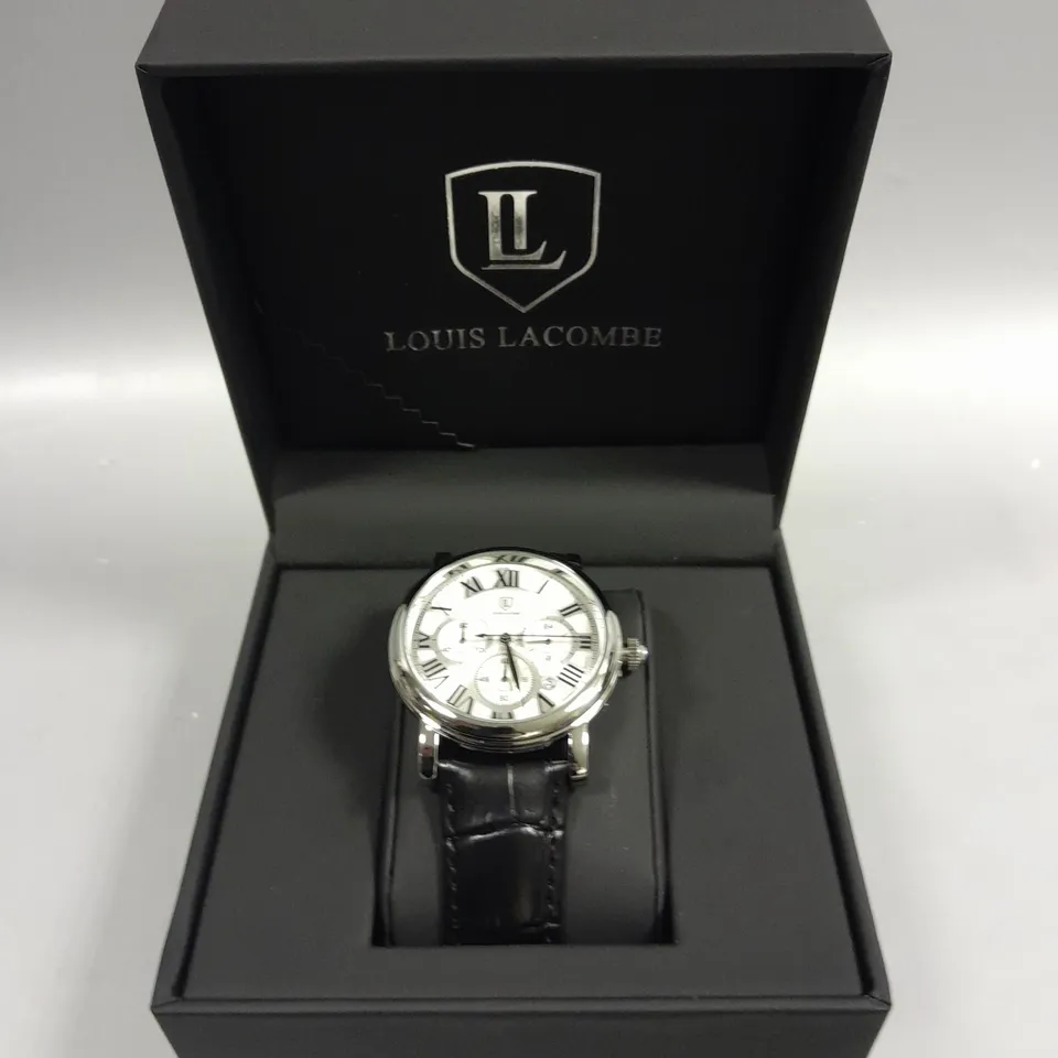 LOUIS LACOMBE CHRONOGRAPH WATCH WITH STAINLESS STEEL CASE AND BLACK LEATHER STRAP IN GIFT BOX