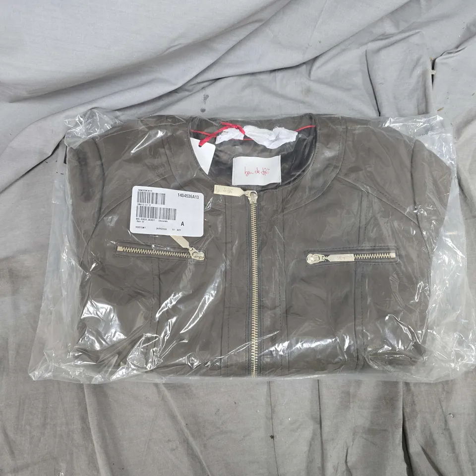 BAGGED BEN DE LISI BIKER JACKET IN CHCOLATE - SIZE 10