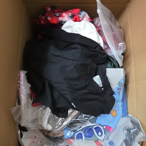 LARGE BOX OF ASSORTED CLOTHING ITEMS IN VARIOUS SIZES, STYLES AND COLOUR 