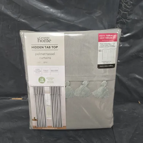 APPROXIMATELY 10 SEALED HIDDEN TAB TOP PELMET TASSEL CURTAINS GREY