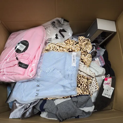 LARGE BOX OF ASSORTED CLOTHING ITEMS IN VARIOUS SIZES, STYLES AND COLOUR 