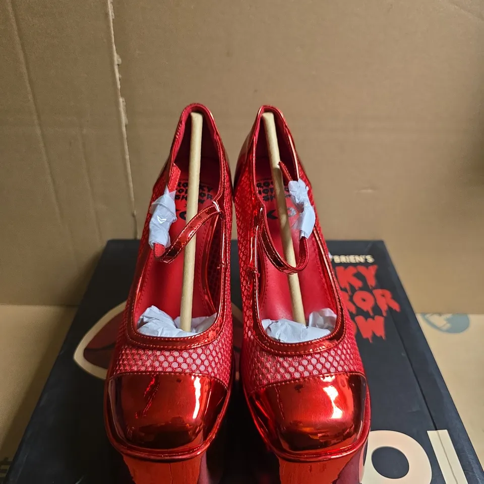 BOXED PAIR OF KOI X ROCKY HORROR SHOW REGULAR FRANKIE FAN FISHNET PLATFORM HEELS - RED, UK 3