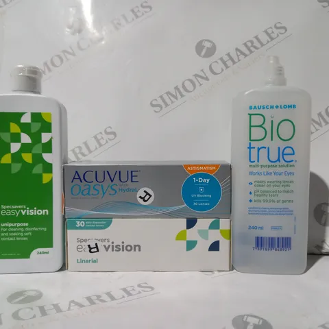 APPROXIMATELY 20 ASSORTED HOUSEHOLD ITEMS TO INCLUDE ACUVUE OASYS CONTACT LENSES, EASY VISION CONTACT LENSES, ETC