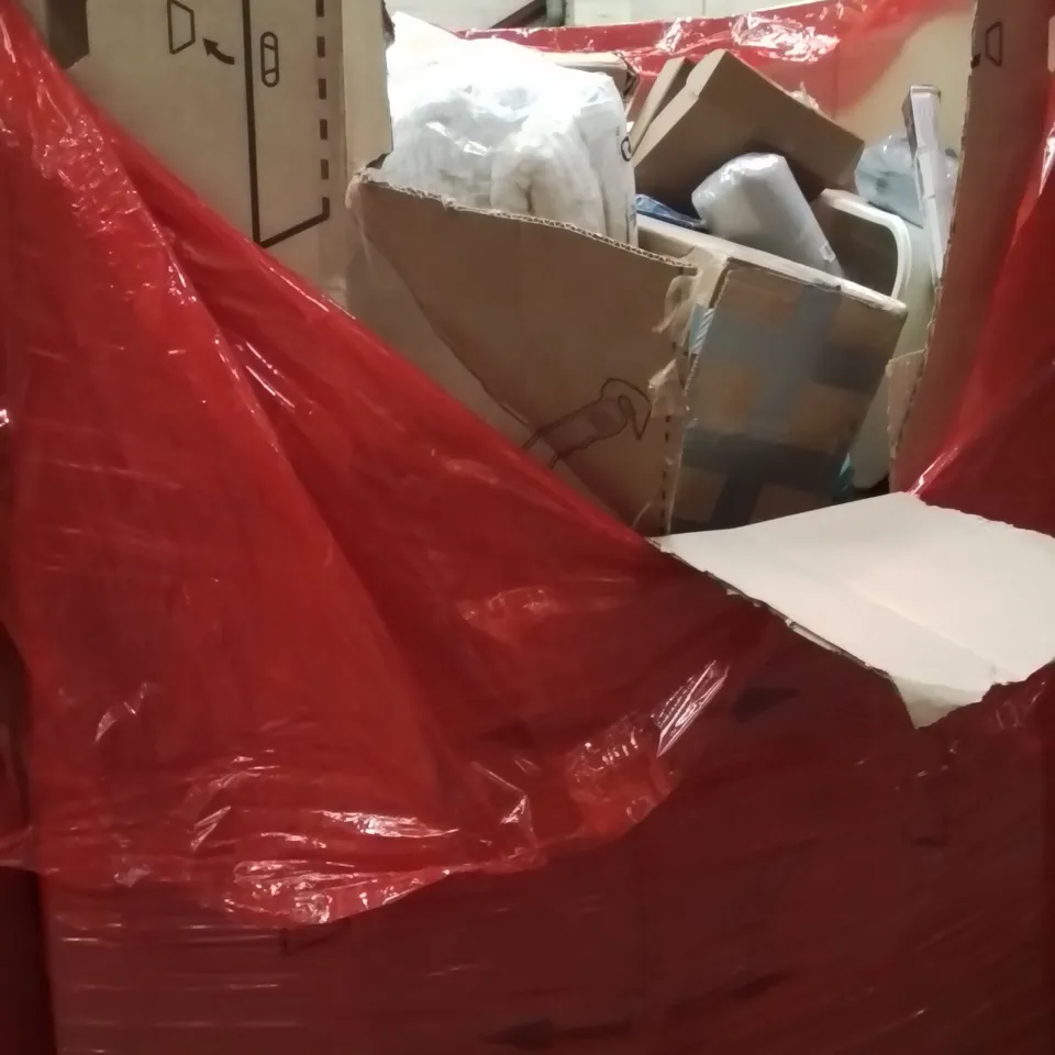 PALLET OF ASSORTED HOUSEHOLD GOODS AND PRODUCTS TO INCLUDE;AREA RUG,CAT LITTER TRAY,RETRACTABLE SAFETY GATE