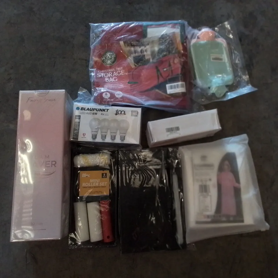 PALLET CONTAINING 6 BOXES OF ASSORTED ITEMS INCLUDING GLAM WAVER, CHRISTMAS TREE STORAGE BAG, MINI ROLLER SET, TABLET CASE, SMALL HOT WATER BOTTLES, MOTORCYCLE REAR VIEW MIRROR 