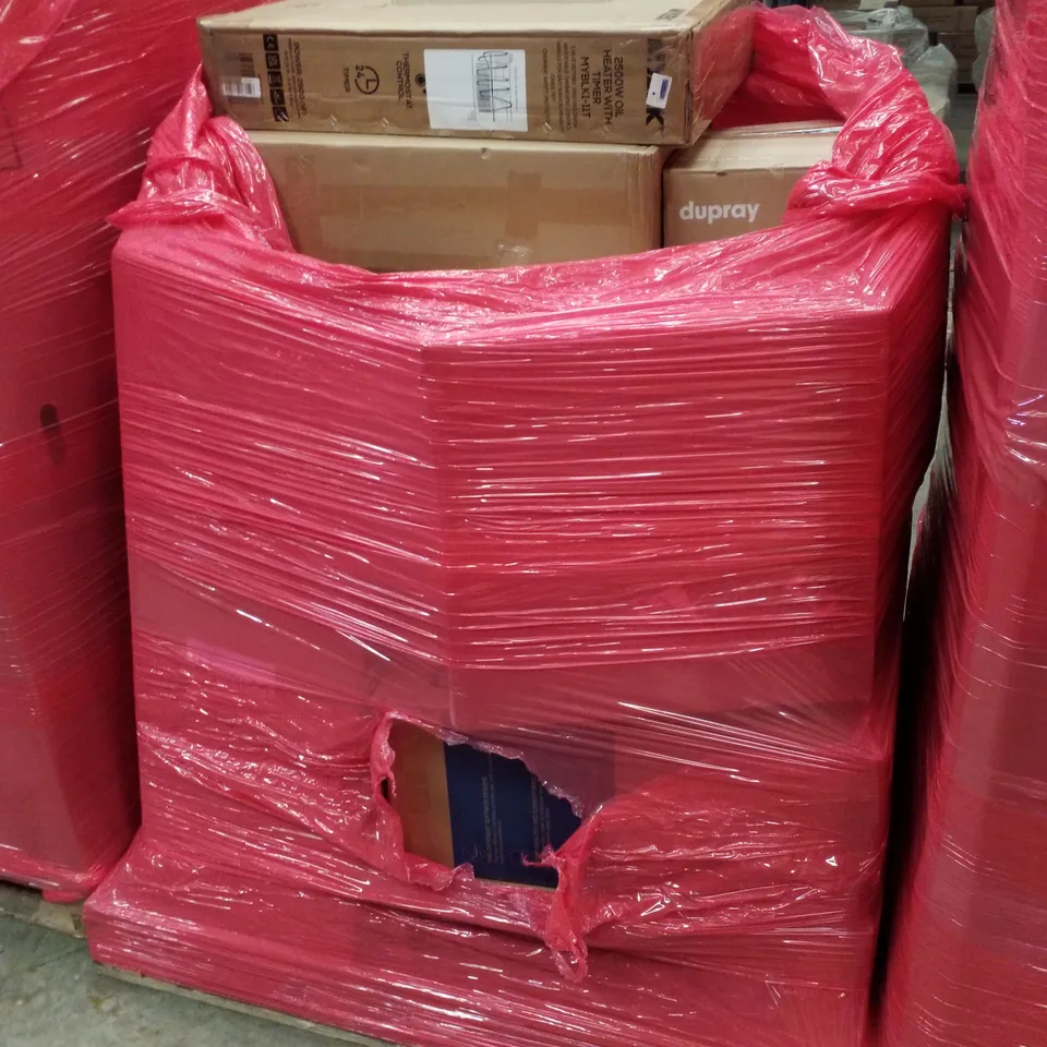 PALLET CONTAINING ASSORTED PRODUCTS INCLUDING 2500W OIL HEATER WITH TIMER, MULTI-USE STEAM CLEANER & ERGONOMIC MESH CHAIR 