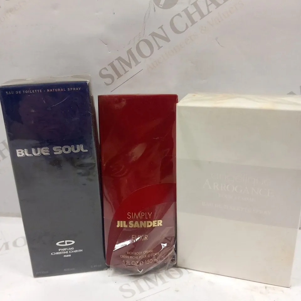 3 ASSORTED PRODUCTS TO INCLUDE; ANGELIQUE ARROGANCE POUR FEMME, SIMPLY JIL SANDER ELIXIR RICH BODY CREAM AND BLUE SOUL PARFUM CHRISTINE DARVIN EAU DE TOILETTE 