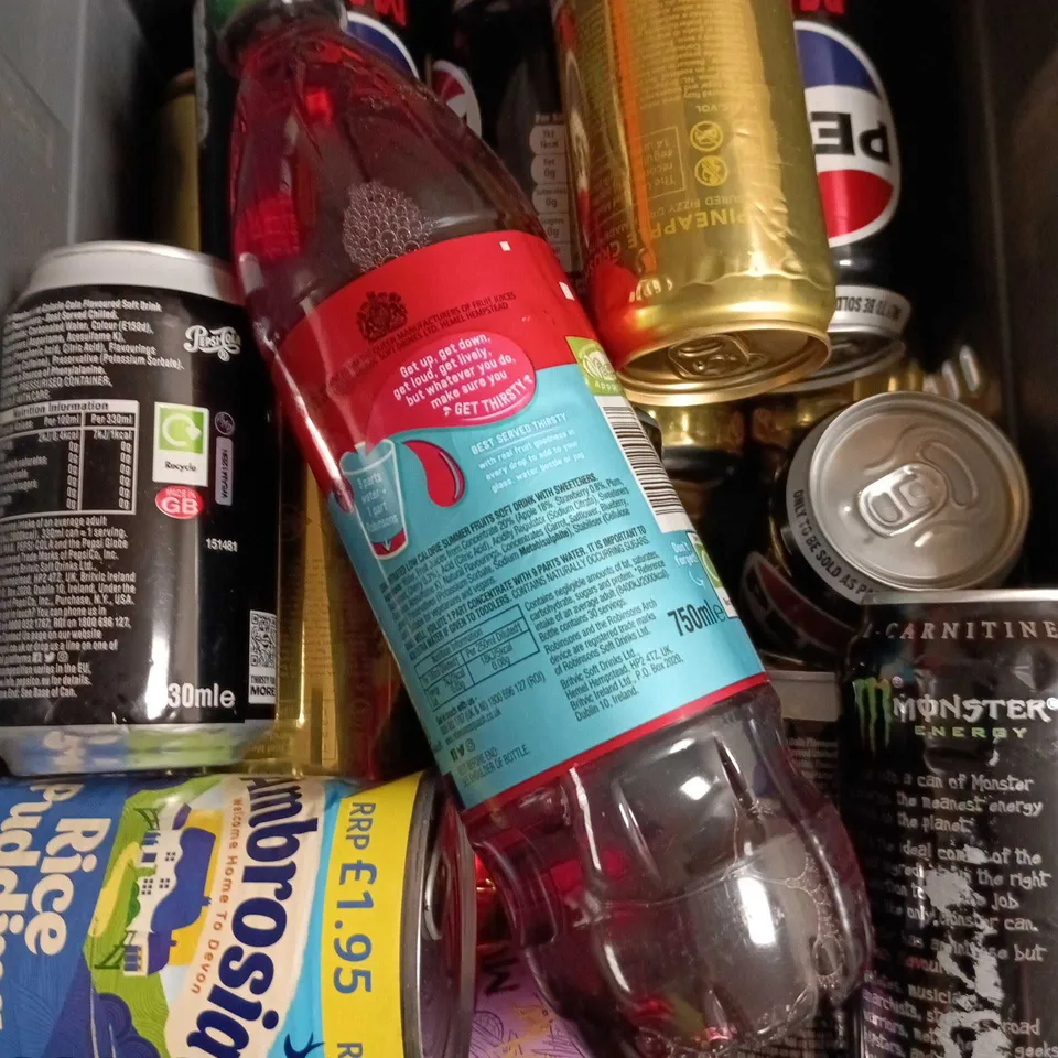 APPROXIMATELY 15 ASSORTED FOOD/DRINK PRODUCTS TO INCLUDE RICE PUDDING, PEPSI MAX, FRUIT CORDIAL ETC 