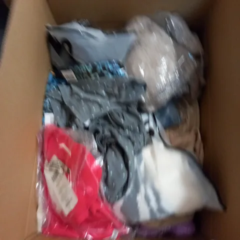 BOX OF ASSORTED CLOTHING ITEMS TOO INCLUDE DRESSES , SHIRTS AND TROUSERS IN VARIOUS SIZES AND COLOURS