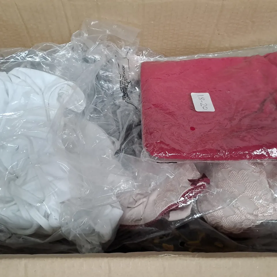 BOX OF ASSORTED CLOTHING TOO INCLUDE BRIEFS , BRAS , ETC -  SIZES VARY 