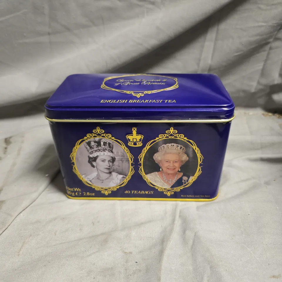 QUEEN ELIZABETH II ENGLISH BREAKFAST TEA TIN – PURPLE METAL TIN, 40 TEA BAGS