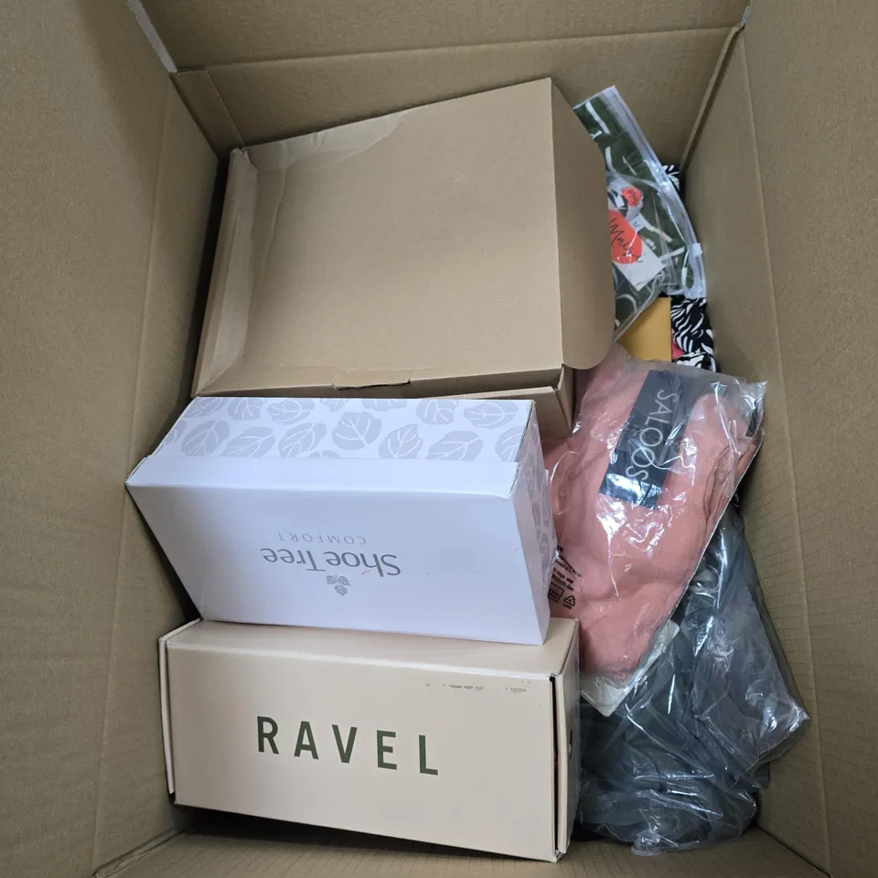 BOX OF APPROXIMATELY 22 ASSORTED HOUSEHOLD ITEMS TO INCLUDE RAVEL FOOTWEAR, SALOOS CLOTHING, CHARLOTTE WEST CLOTHING ETC