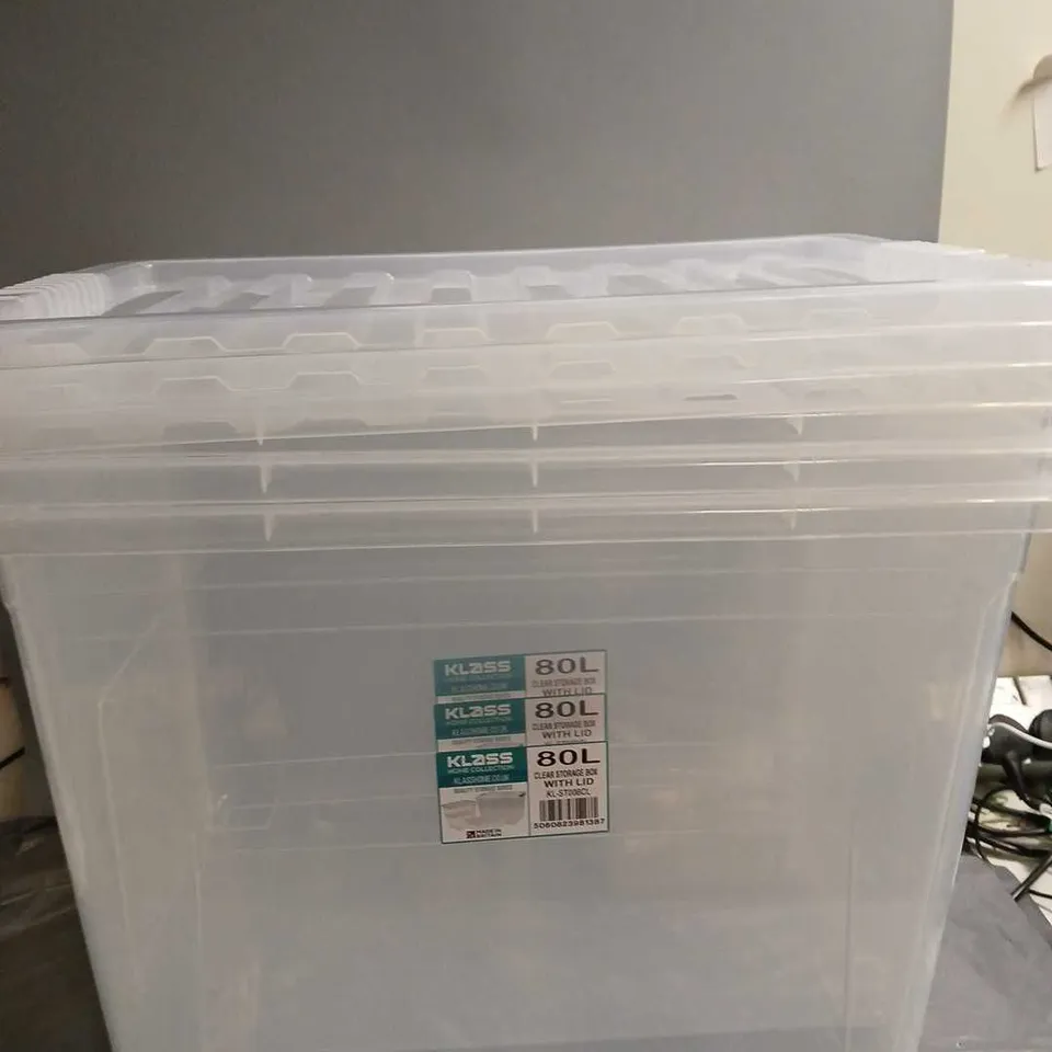 3 KLASS HOME COLLECTION 80L CLEAR STORAGE BOXES WITH LIDS