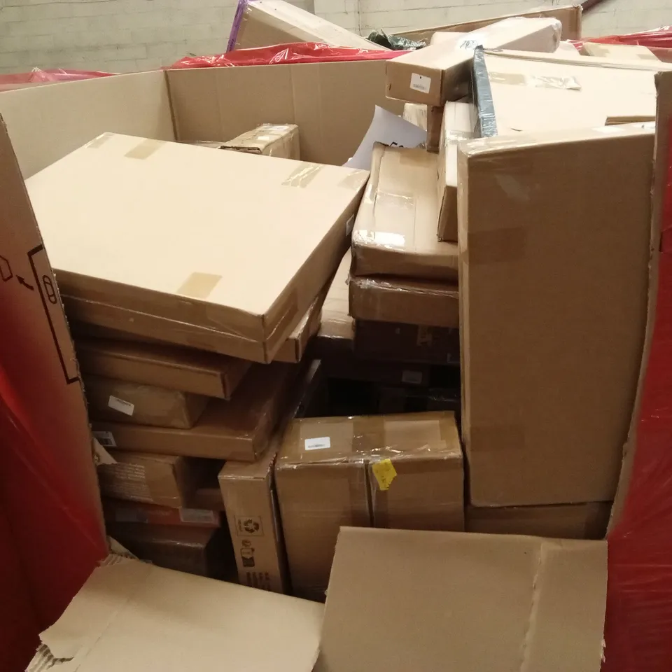 PALLET OF ASSORTED HOUSEHOLD GOODS AND PRODUCTS TO INCLUDE; SUITCASE, SENSORY PLAY TRAY SET, TOILET BOOSTER SEAT, BOXED FURNITURE ETC