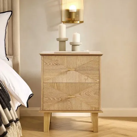 BOXED DUSK BRIANNA CONCAVE 2 DRAWER BEDSIDE TABLE - LIGHT WOOD (1 BOX)