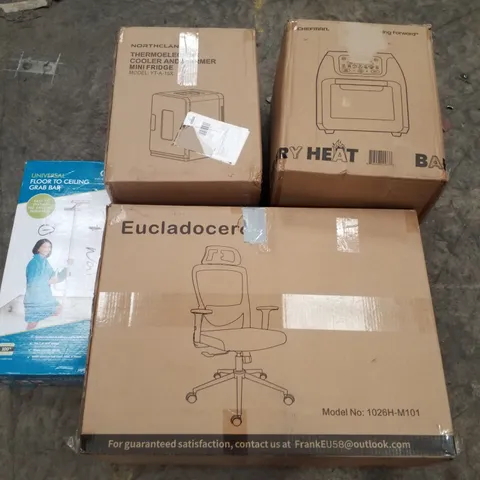 PALLET CONTAINING ASSORTED PRODUCTS INCLUDING OFFICE CHAIR, FLOOR TO CEILING GRAB BAR, AIR FRYER & MINI FRIDGE