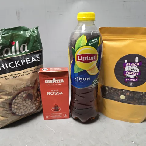 APPROXIMATELY 10 ASSORTED FOOD & DRINK ITEMS TO INCLUDE - LIPTON LEMON ICED TEA , CHICKPEAS , BLACK FOREST GRANOLA ETC