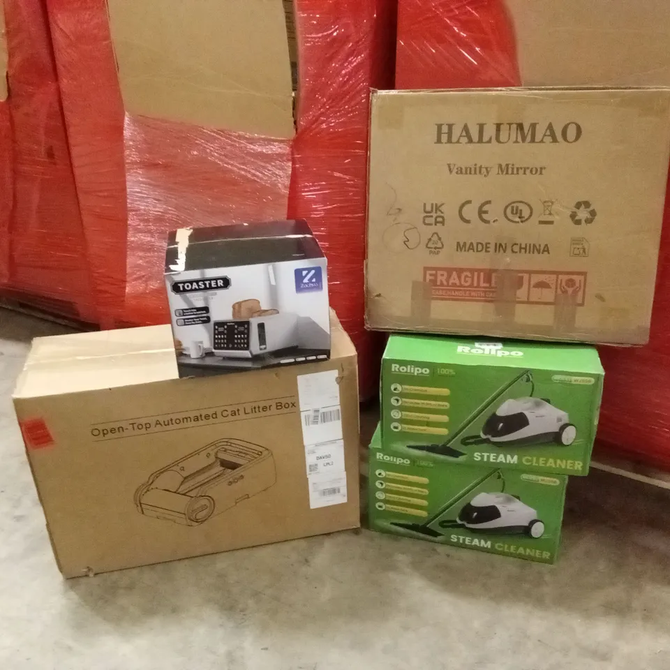 PALLET OF ASSORTED HOUSEHOLD GOODS AND PRODUCTS TO INCLUDE; STEAM CLEANERS, CAT LITTER BOXES, VANITY MIRRORS ETC