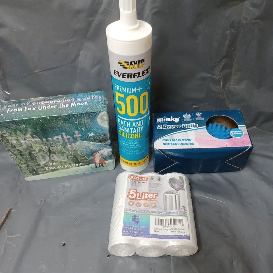 BOX OF APPROXIMATELY 20 ASSORTED HOUSEHOLD ITEMS TO INCLUDE WHITE BIN LINERS, TUMBLE DRYER BALLS AND SILICONE SEALANT