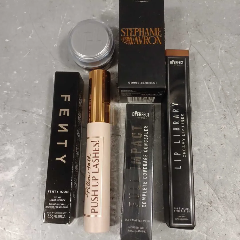 LOT OF 5 ASSORTED COSMETIC ITEMS TO INCLUDE - BPERFECT LIQUID BLUSH - FENTY VELVET LIQUID LIPSTICK IN THE MVP - TRINNY LONDON EYE SHADE IN EMPEROR - ETC