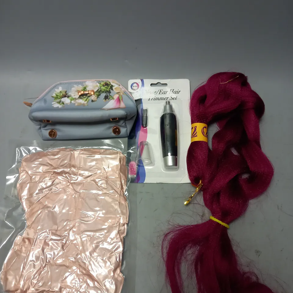BOX OF APPROX 7 ASSORTED HEALTH AND BEAUTY ITEMS TO INCLUDE - NOSE/EAR HAIR TRIMMER - TED BAKER BAG - UNBRANDED PURPLE HAIR EXTENSION 