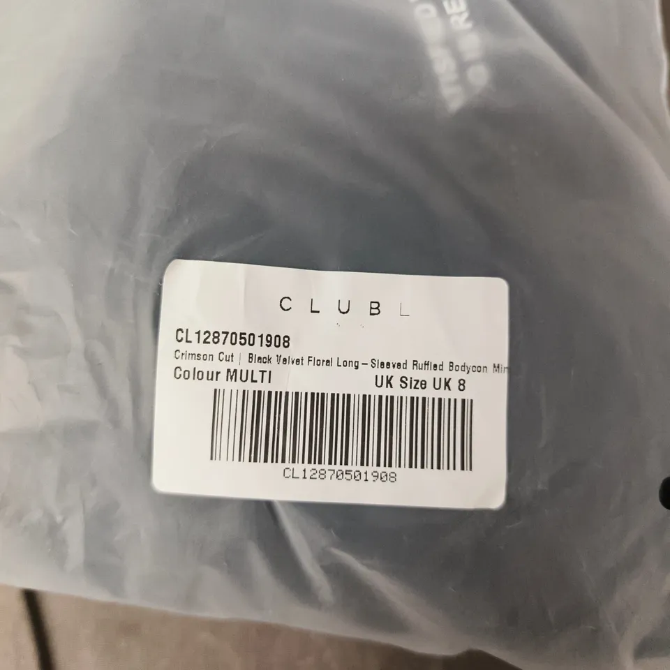 CLUB L LONDON VELVET FLORAL LONG-SLEEVE RUCHED BODYCON MINI DRESS – MULTI, UK 8