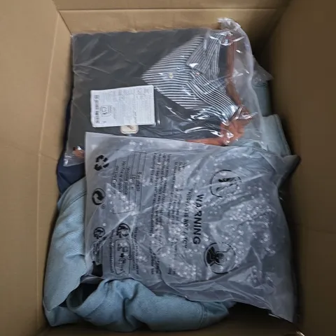 BOX OF APPROXIMATELY 20 ASSORTED CLOTHING ITEMS TO INCLUDE DRESS, TOPS, TROUSERS, ETC