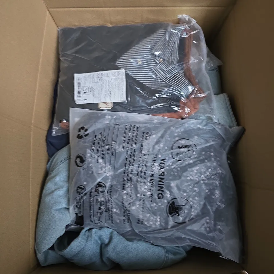 BOX OF APPROXIMATELY 20 ASSORTED CLOTHING ITEMS TO INCLUDE DRESS, TOPS, TROUSERS, ETC