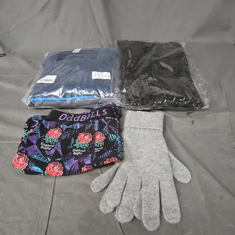 BOX OF APPROXIMATELY 25 ASSORTED CLOTHING ITEMS TO INCLUDE GLOVES, ENGLAND RUGBY BOXERS, PACK OF XXL T SHIRTS, BLACK STRAIGHT LEG TROUSERS ETC