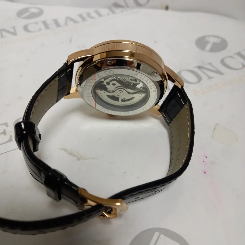 MENS ZIHLMANN & CO AUTOMATIC WATCH - Z210 – SKELETON DIAL – GOLD COLOUR CASE – GENUINE LEATHER CASE – HAND ASSEMBLED 