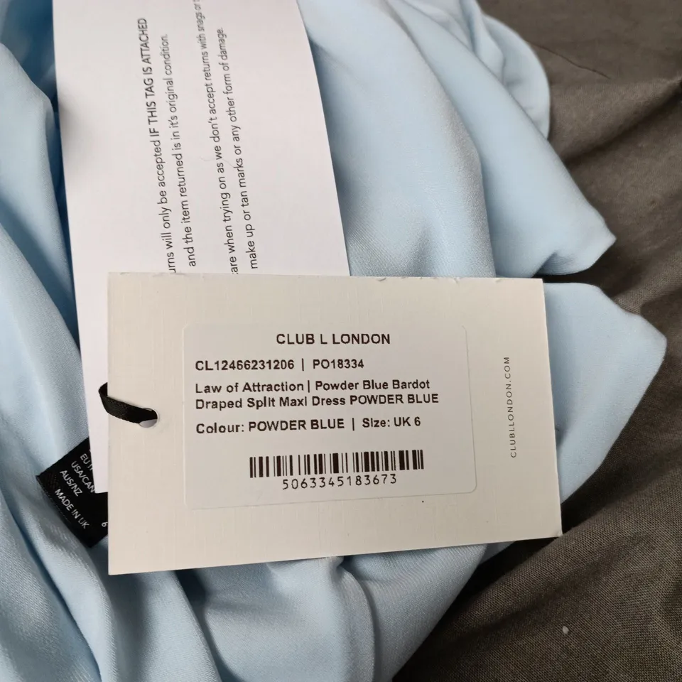 CLUB L LONDON POWDER BLUE BARDOT DRAPED SPLIT MAXI DRESS, UK 6
