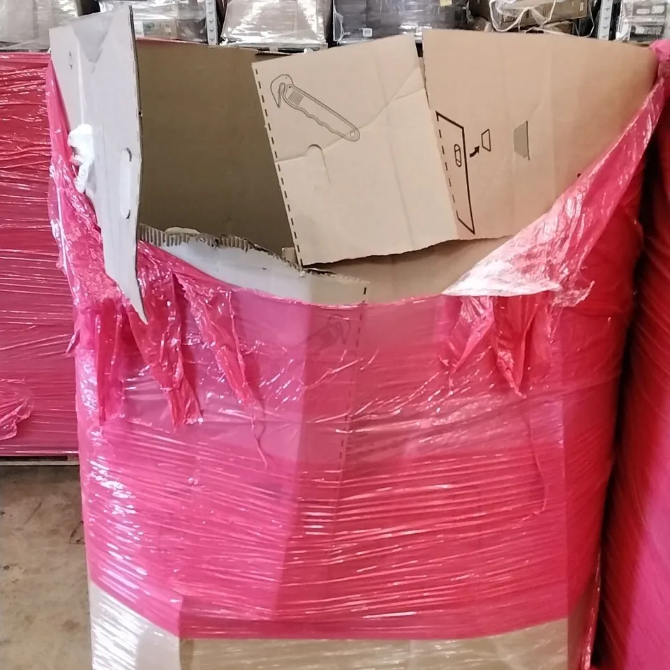 A PALLET OF VARIOUS ITEMS TO INCLUDE. POP UP TENT, SPEAKER STANDS, CAMPING EQUIPMENT, ROLLER STOOL AND AIR FRYER