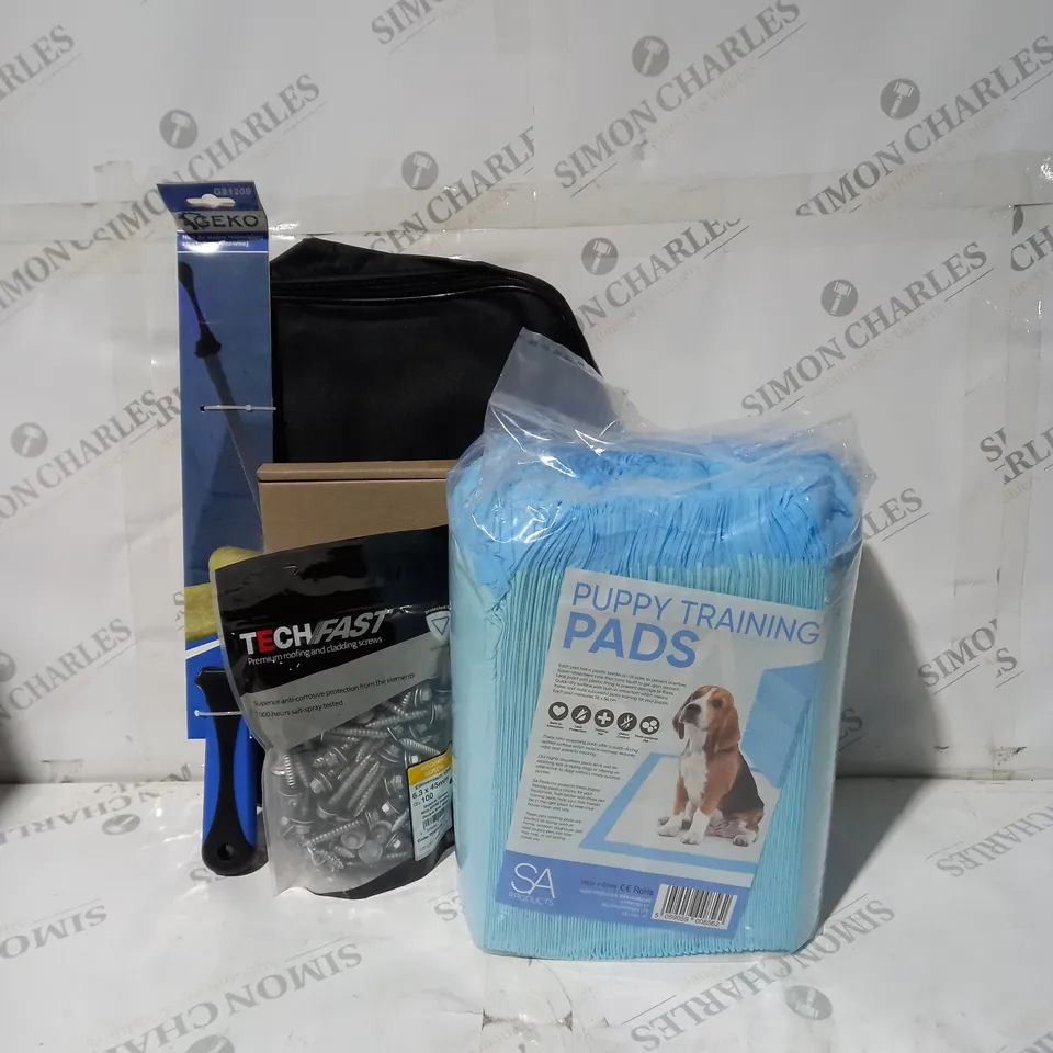 APPROXIMATELY 5 ASSORTED HOUSEHOLD ITEMS TO INCLUDE PUPPY TRAINING PADS, KNIFE FOR CUTTING MINERAL WOOL, ROOF AND CLADDING SCREWS