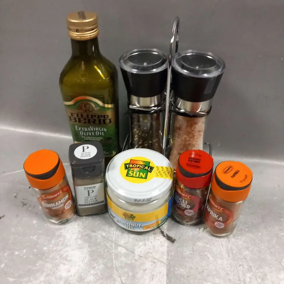 SEVEN ASSORTED PRODUCTS O INCLUDE; SALT AND PEPPER GRINDERS, FILIPPO BERIO EXTRA VIRGIN OLIVE OIL, SCHWARTZ SPICES, AND TROPICAL COCONUT OIL