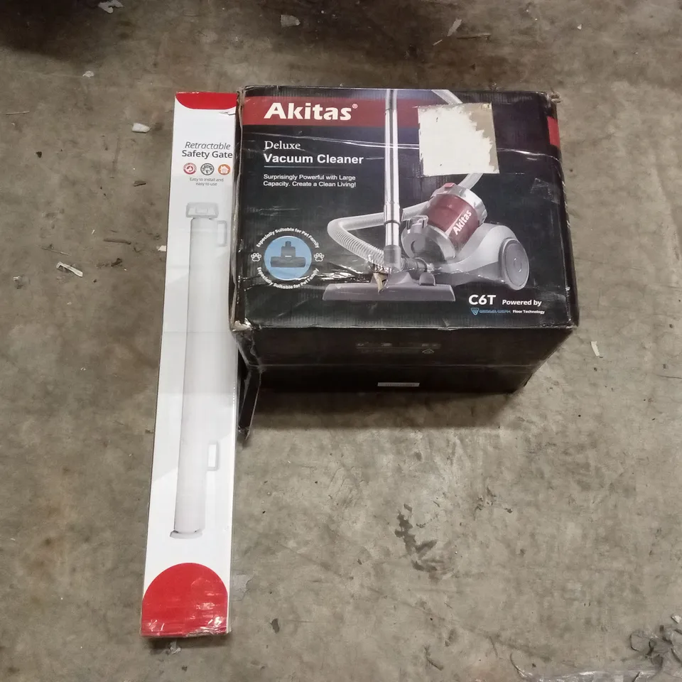 PALLET OF HOUSEHOLD GOODS AND PRODUCTS TO INCLUDE; AKITAS DELUXE VACUUM CLEANER, EASY TO INSTALL RETRACTABLE SAFETY GATE, BOXED FURNITURE ETC