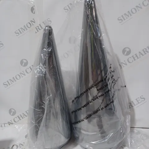 BOXED KELLY HOPPEN SET OF 2 INDOOR OUTDOOR PRELIT GLASS DECOR - REFLECTIVE CONES