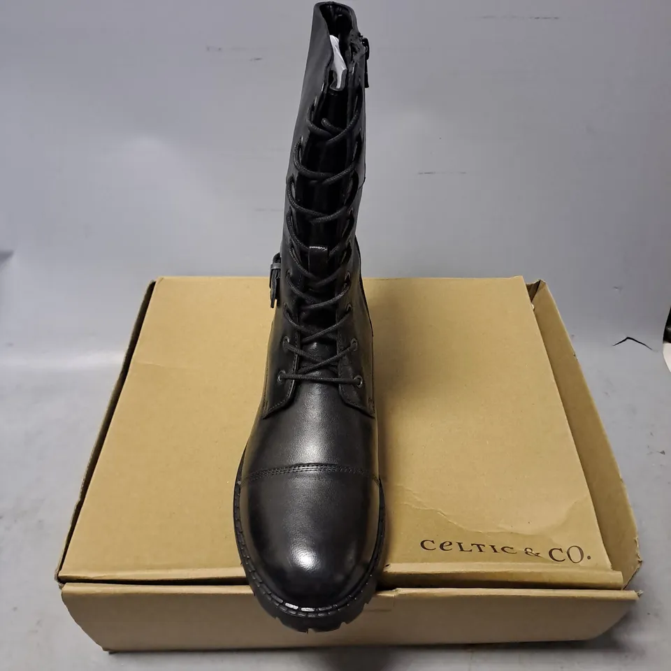 BOXED PAIR OF CELTIC & CO TALL ANKLE LACE UP BOOTS IN BLACK SIZE EU 41