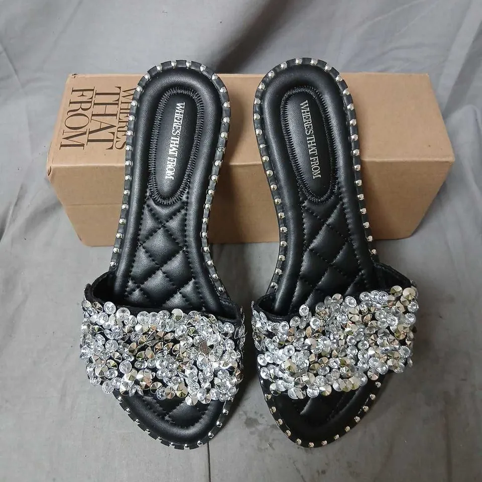 WHERES THAT FROM HEELBERRY WOMEN'S BLACK CRYSTAL-EMBELLISHED SLIDE SANDALS – UK 7