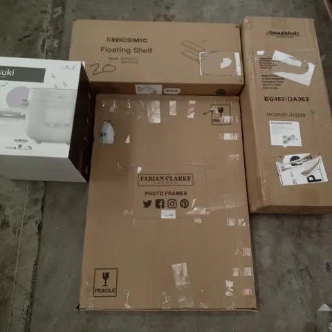 PALLET OF ASSORTED ITEMS INCLUDING STOREMIC FLOATING SHELF, TSUKI MINI RICE COOKER, FABIAN CLARKE PHOTO FRAMES, AMAGABELI FIREPLACE TOOLS, ULAND ARTIFICAL HEDGE, BALANCE BOARD